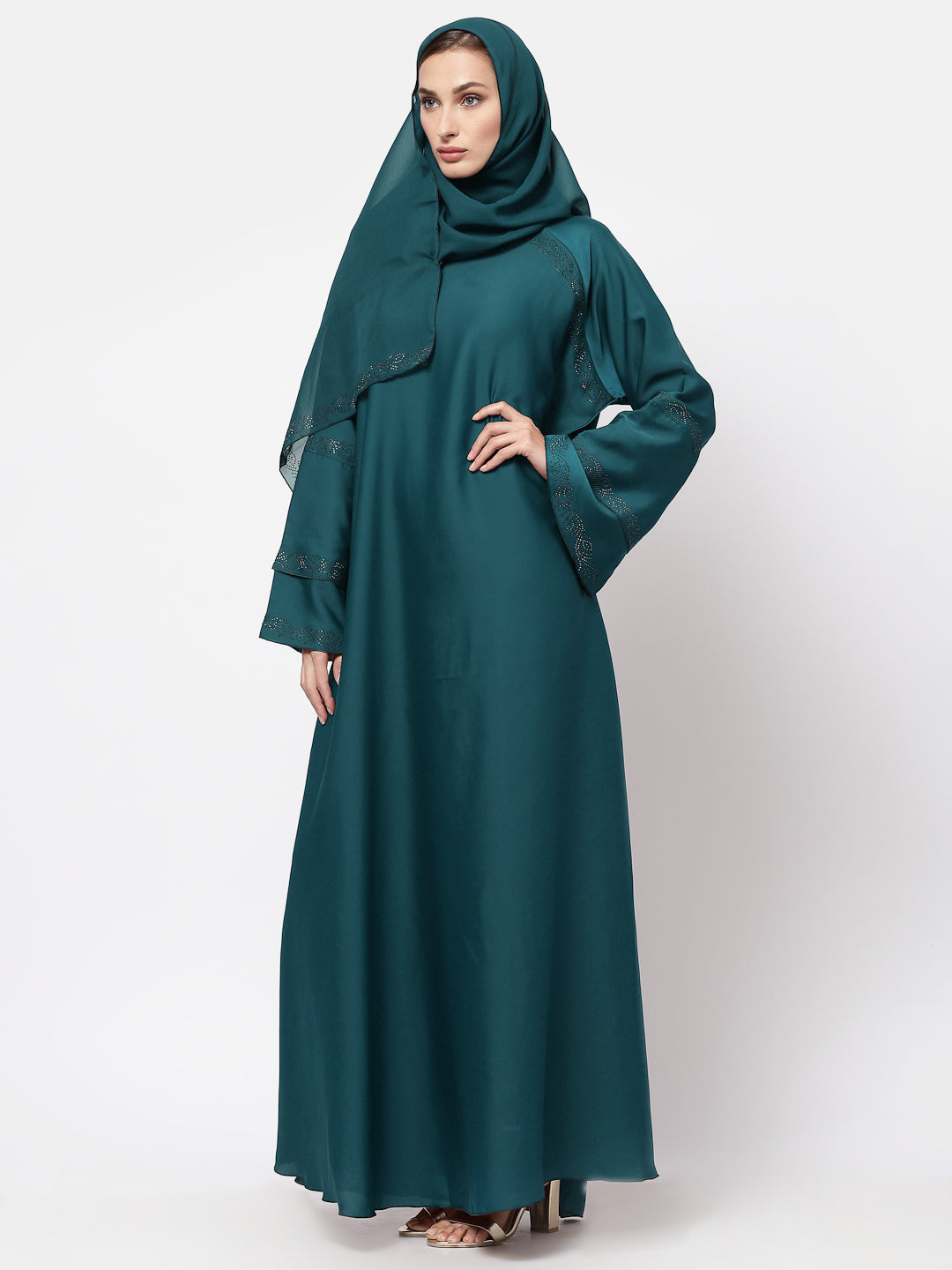 Klotthe Women Turquise Embellished Burqa With Scarves