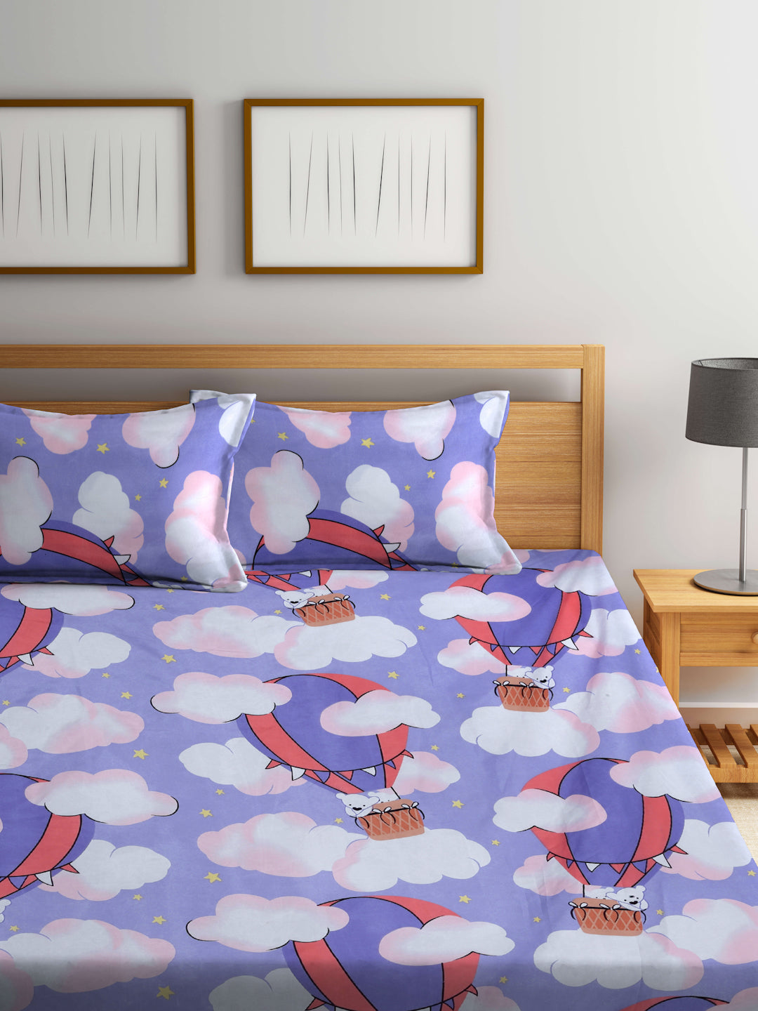 Klotthe Multicolor Cartoon Characters 300 TC Cotton Blend Fitted Double Bedsheet with 2 Pillow Covers