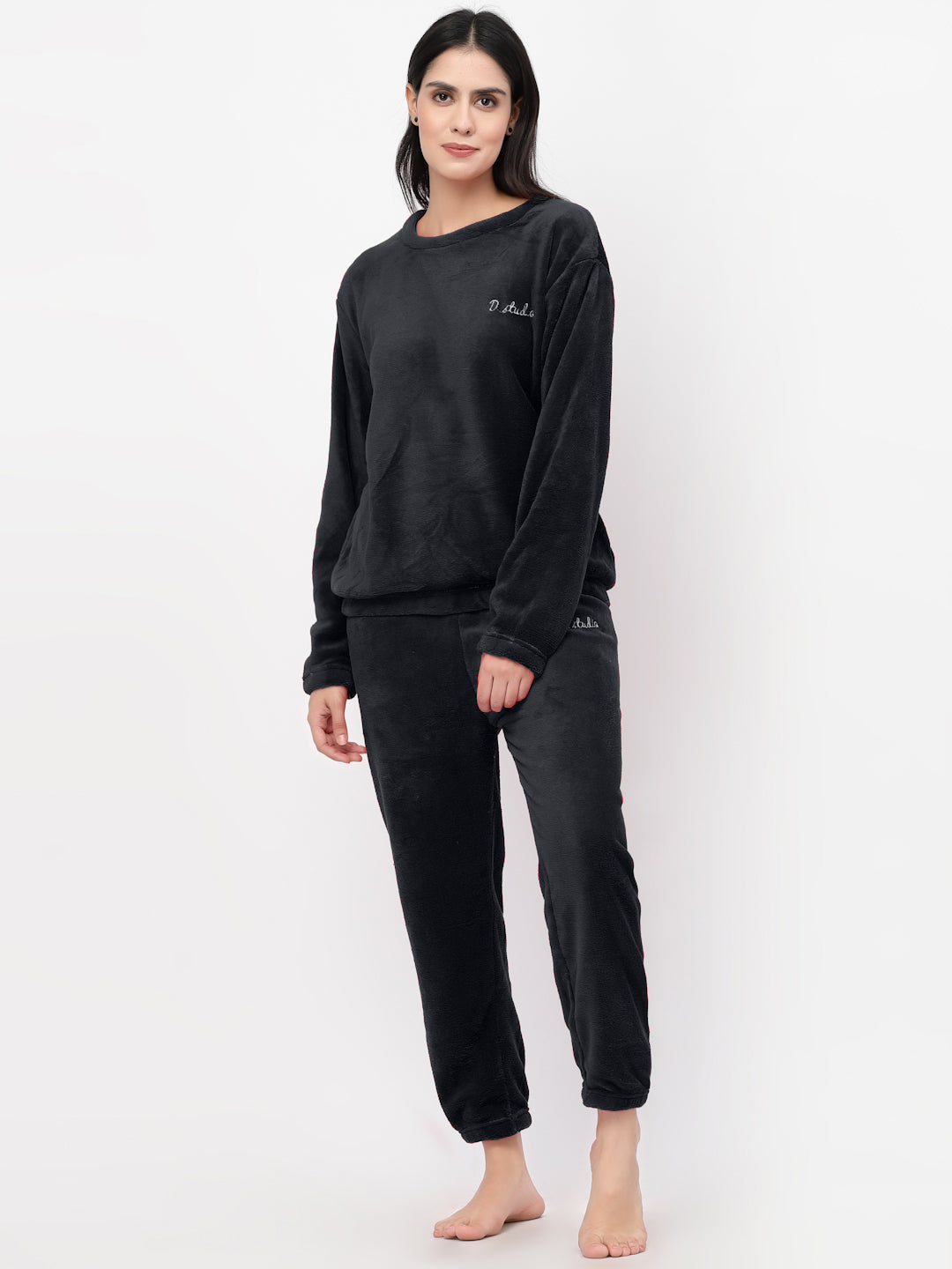 Klotthe Women Black Solid Wool Blend Night Suit