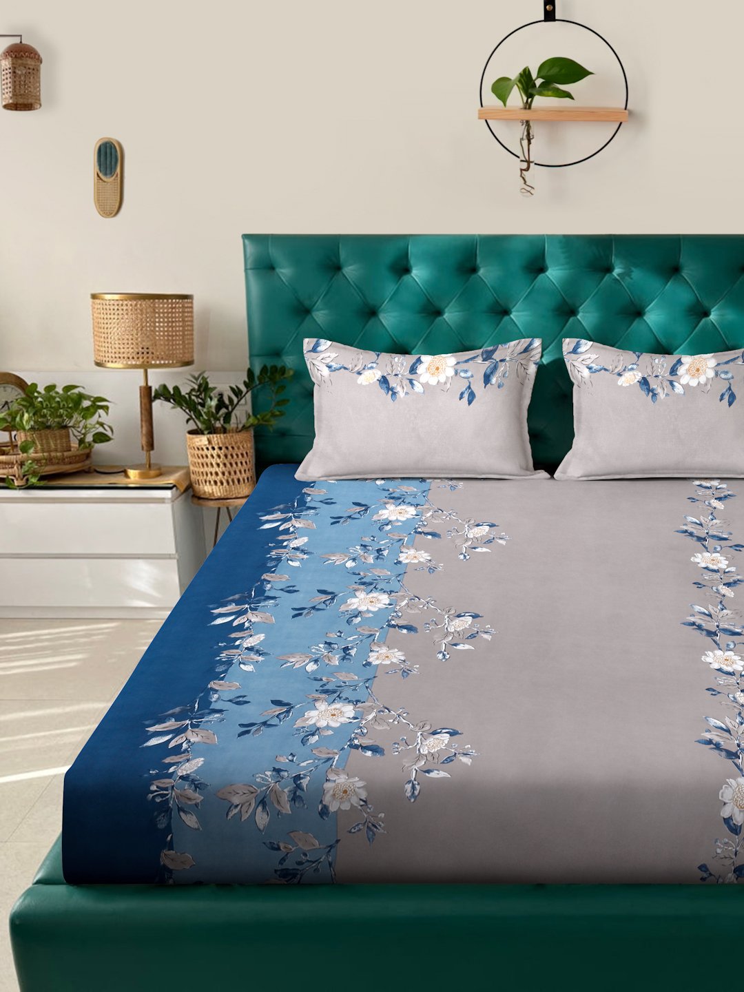 Grey Floral 300 TC Cotton Blend Fitted Double Bedsheet with 2 Pillow Covers