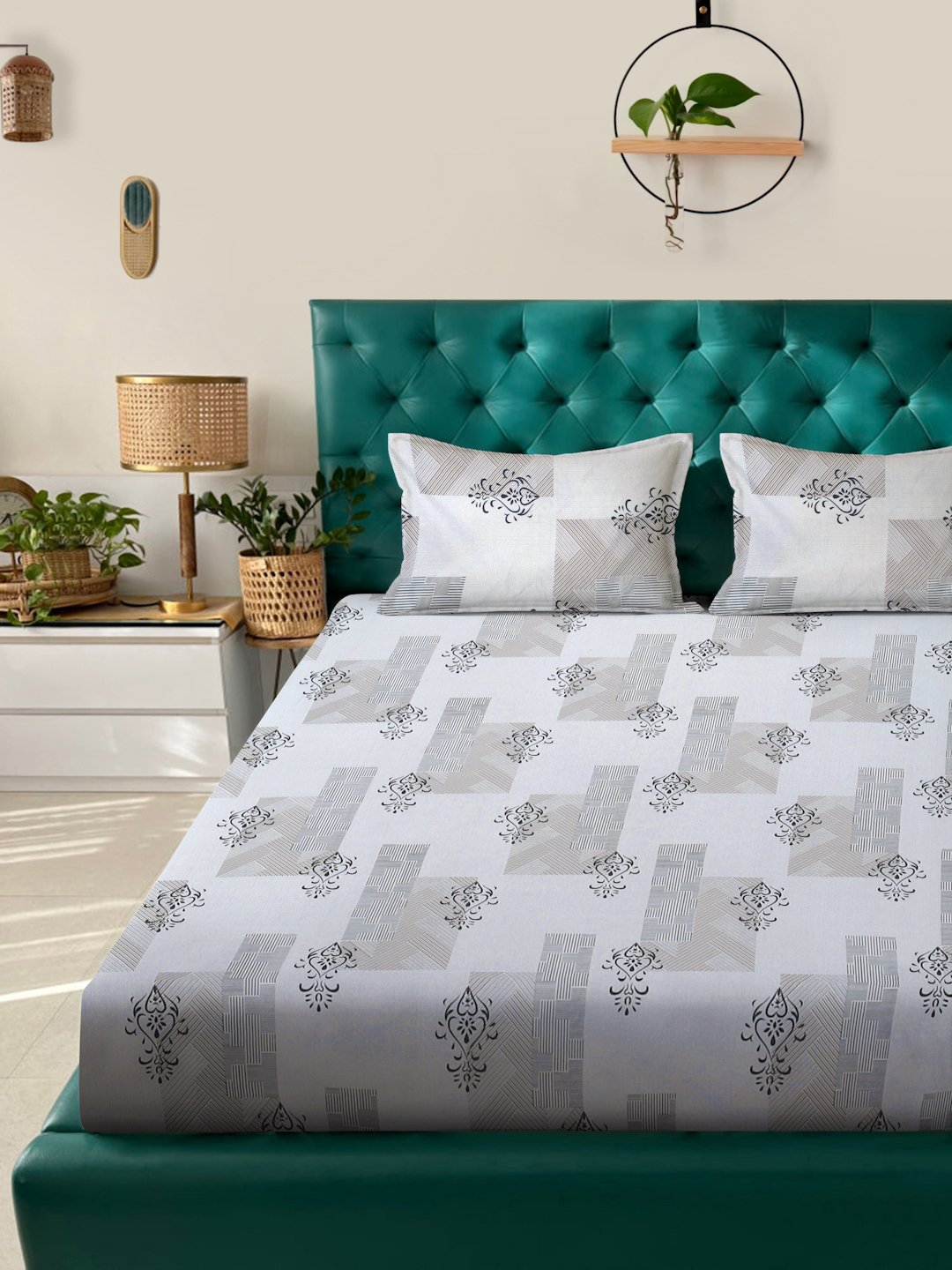 Grey Ethnic Motifs 300 TC Cotton Blend Fitted Double Bedsheet with 2 Pillow Covers