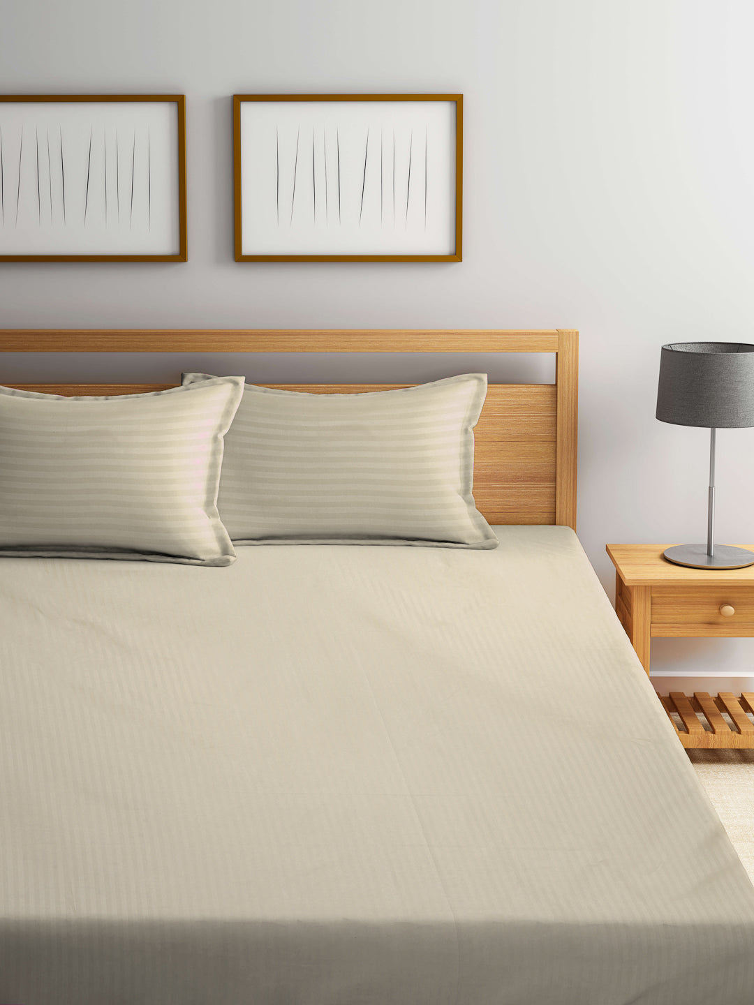 Klotthe Beige Striped 300 TC Cotton Blend Elasticated Super King Double Bedsheet with 2 Pillow Covers (270X270 cm)