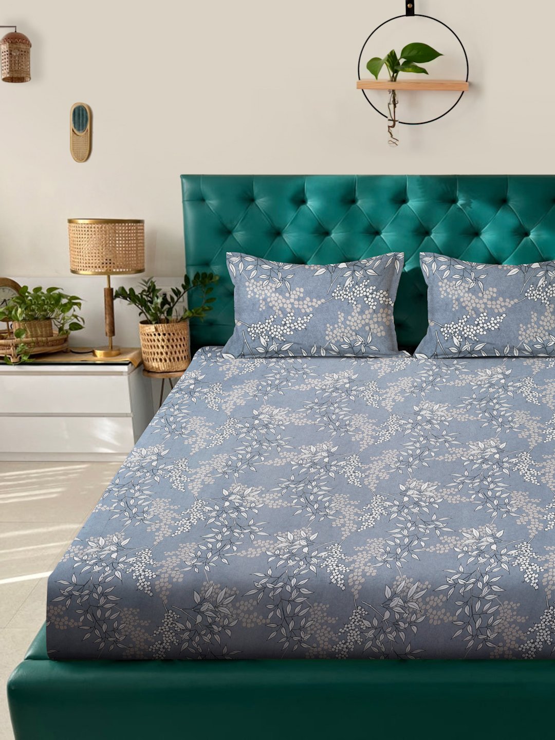 Grey Floral 300 TC Cotton Blend Fitted Double Bedsheet with 2 Pillow Covers