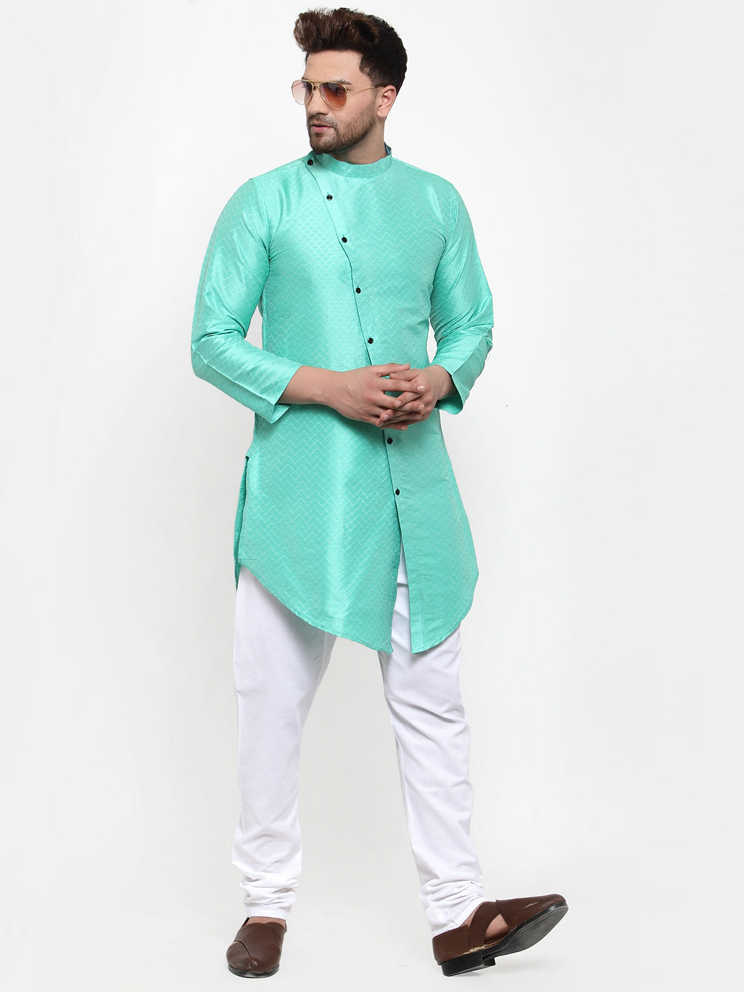 LightGreen Silk Geometric Party Kurtas