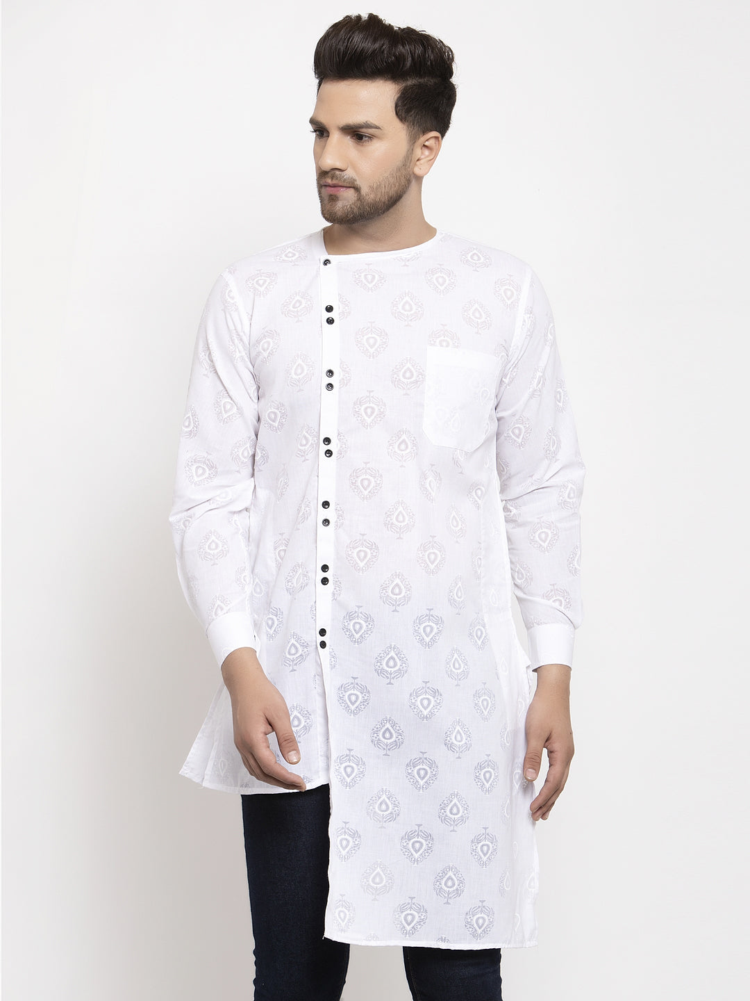 Klotthe White Round Neck Embellished Cotton Kurta