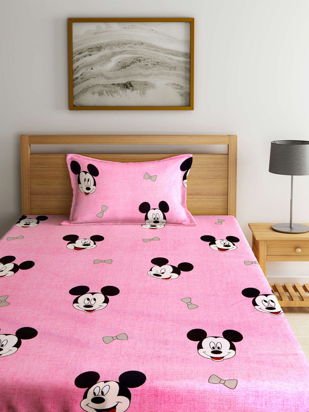 Klotthe Pink Cartoon Characters 210 TC PolyCotton Single Bedsheet with Pillow Cover