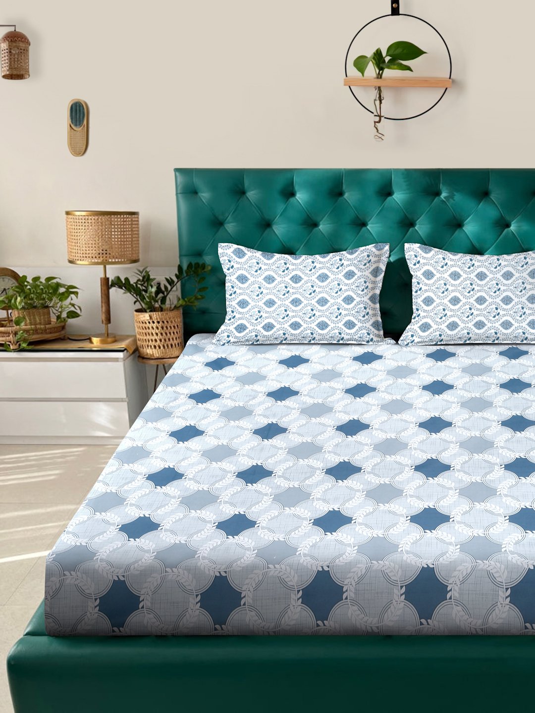 Blue Geometric 400 TC Pure Cotton Fitted Double Bedsheet with 2 Pillow Covers
