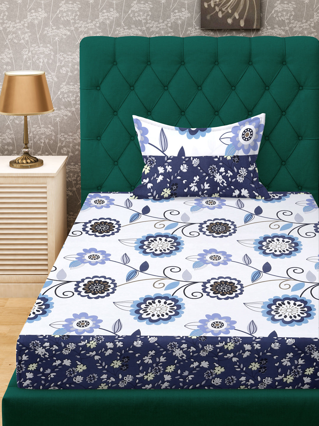 Klotthe White Floral 300 TC Cotton Blend Fitted Single Bedsheet Set in Book Fold Packing