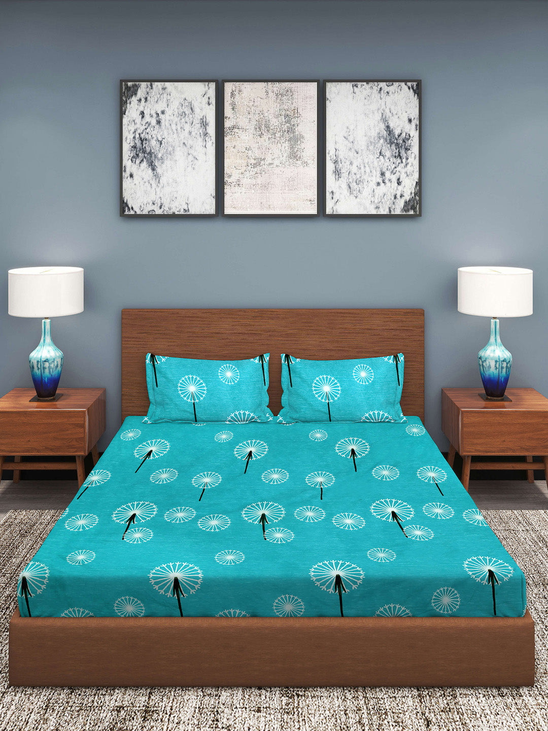Klotthe Blue Floral 210 TC Cotton Blend Super King Elasticated Double BedSheet with 2 Pillow Cover (108X108 Inch)
