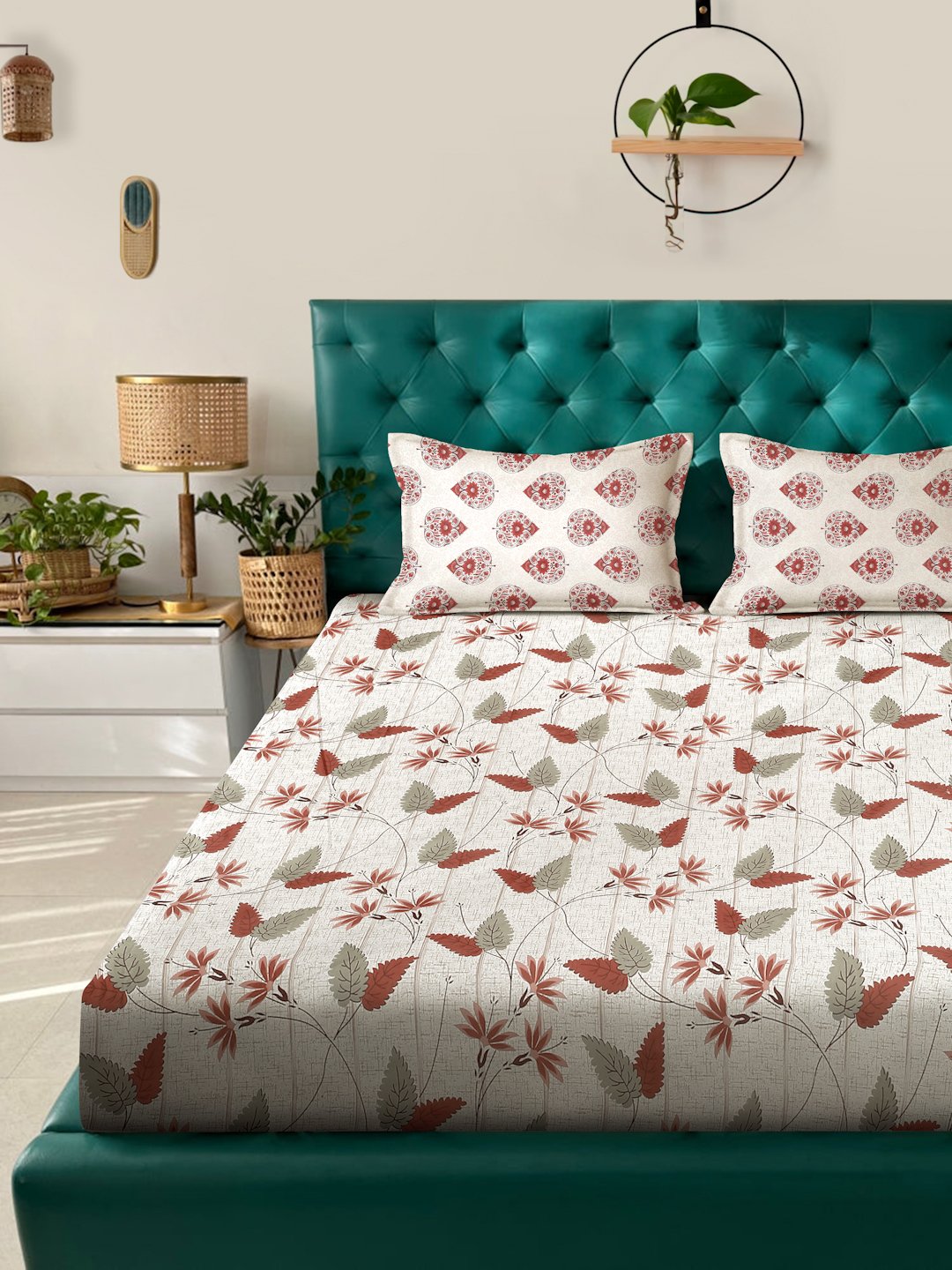 Beige Floral 400 TC Pure Cotton Fitted Double Bedsheet with 2 Pillow Covers