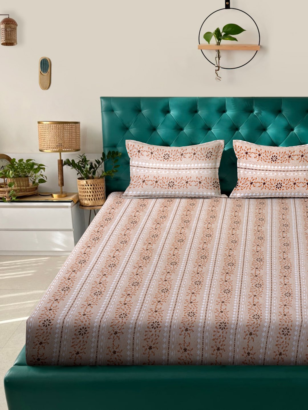 Beige Floral 400 TC Pure Cotton Fitted Double Bedsheet with 2 Pillow Covers