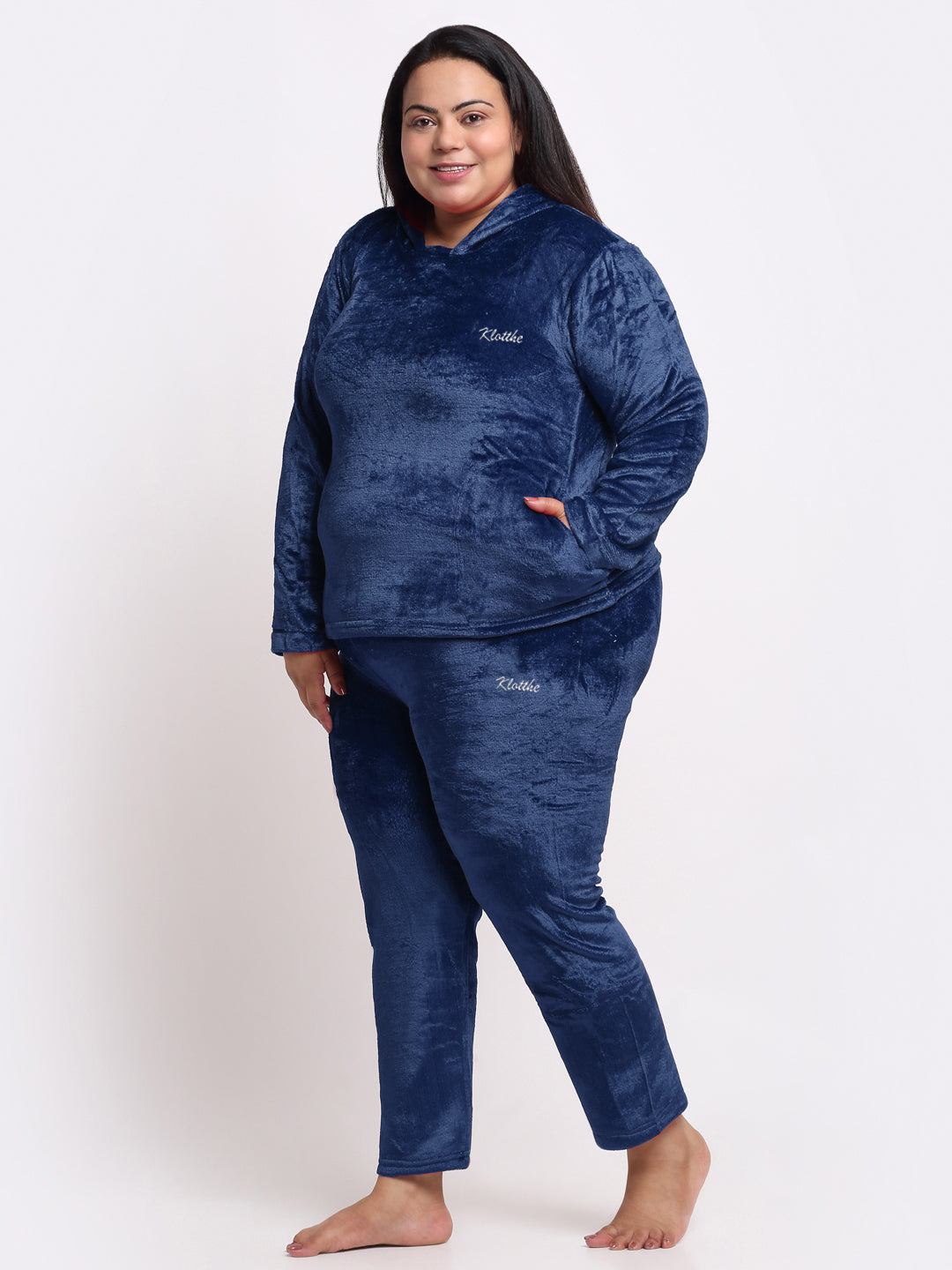 Klotthe Women Blue Solid Wool Blend Hooded Night Suit