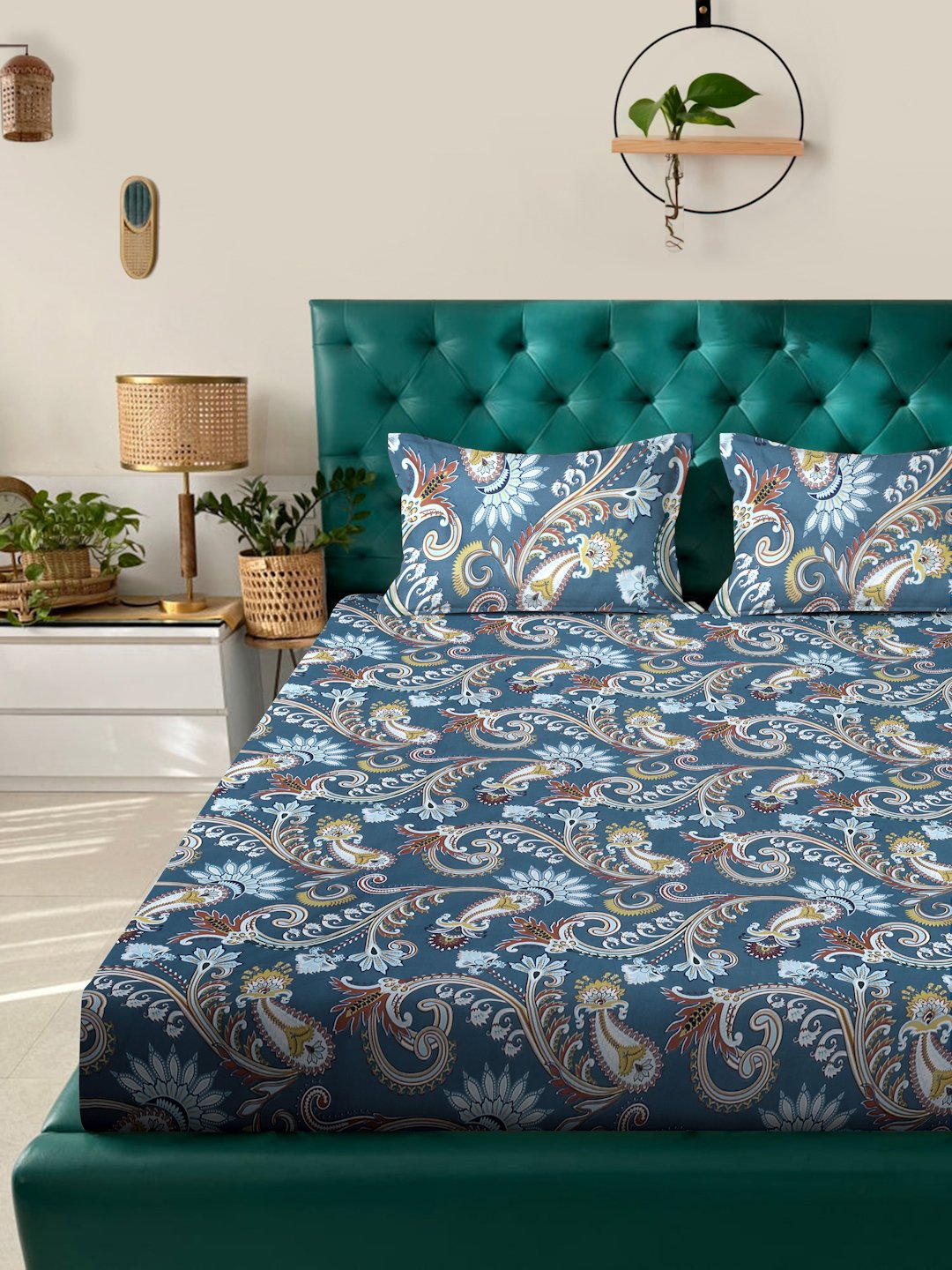 Blue Floral 300 TC Cotton Blend Fitted Double Bedsheet with 2 Pillow Covers