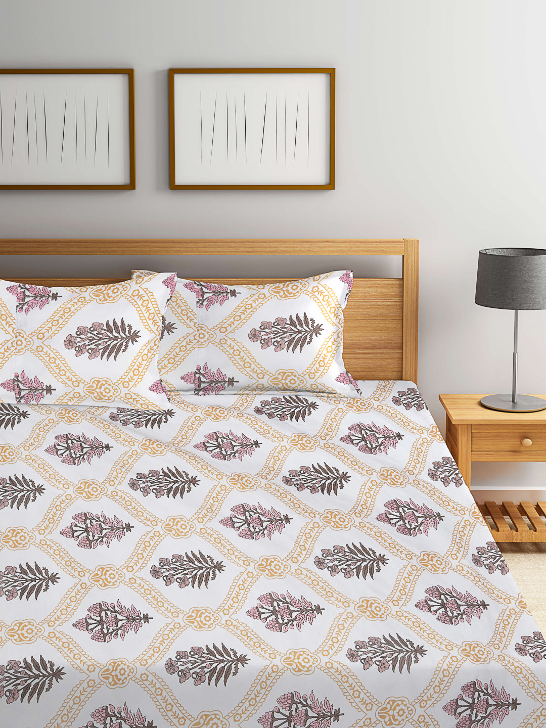 Klotthe Multicolor Floral 300 TC Cotton Blend Fitted Double Bedsheet with 2 Pillow Covers