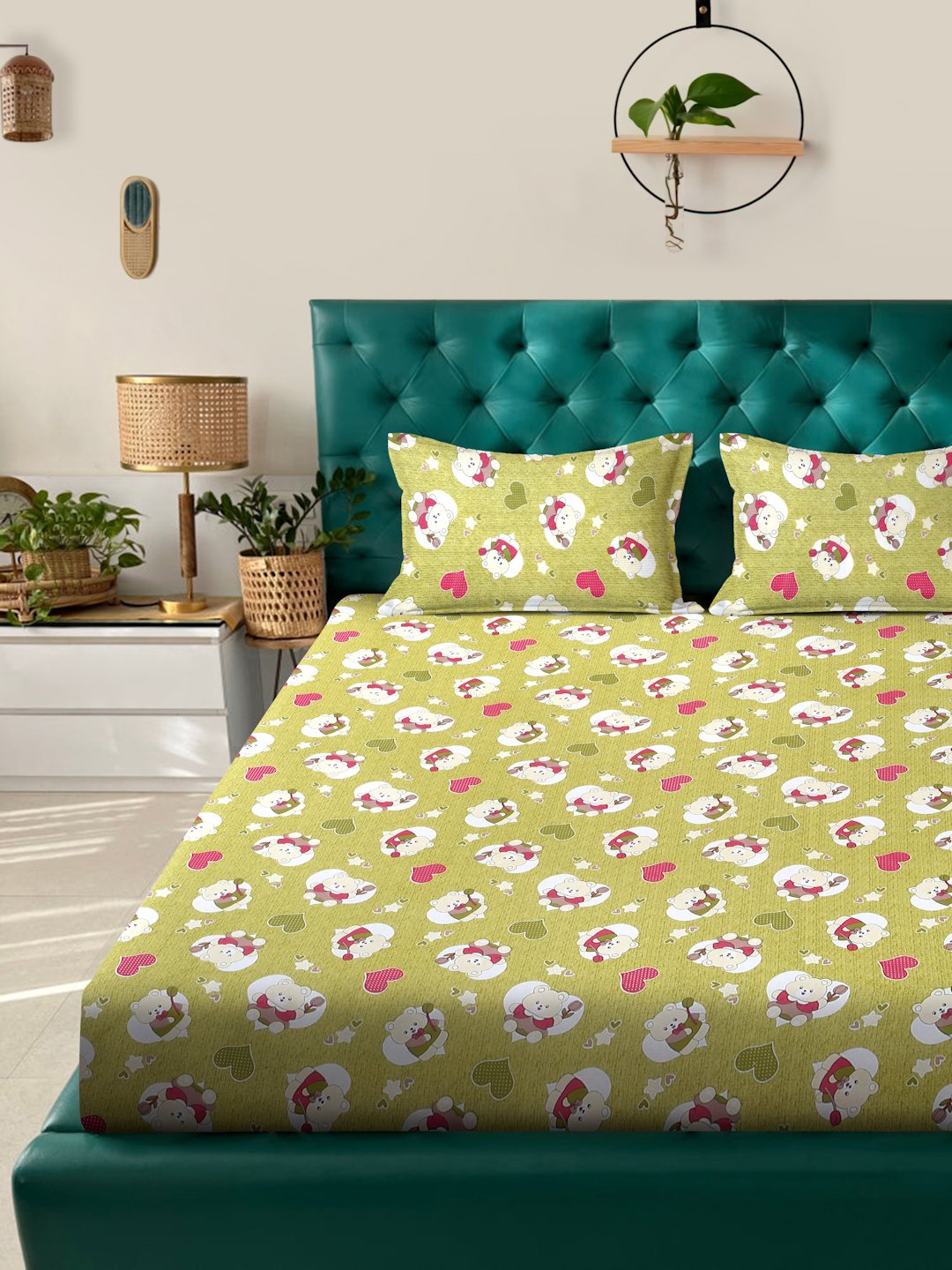 Green Cartoon Characters 400 TC Pure Cotton Fitted Double Bedsheet with 2 Pillow Covers