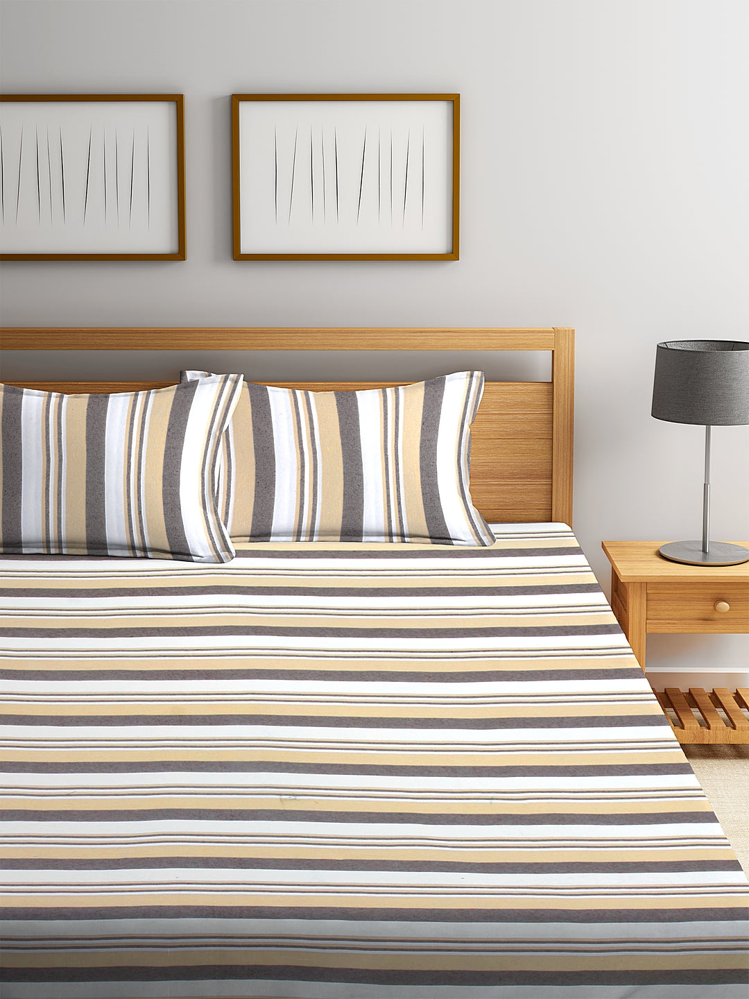 100% Pure Cotton King Size Handwoven Bed Cover with Two Pillow Covers by KLOTTHEĀ® (Brown Striped)