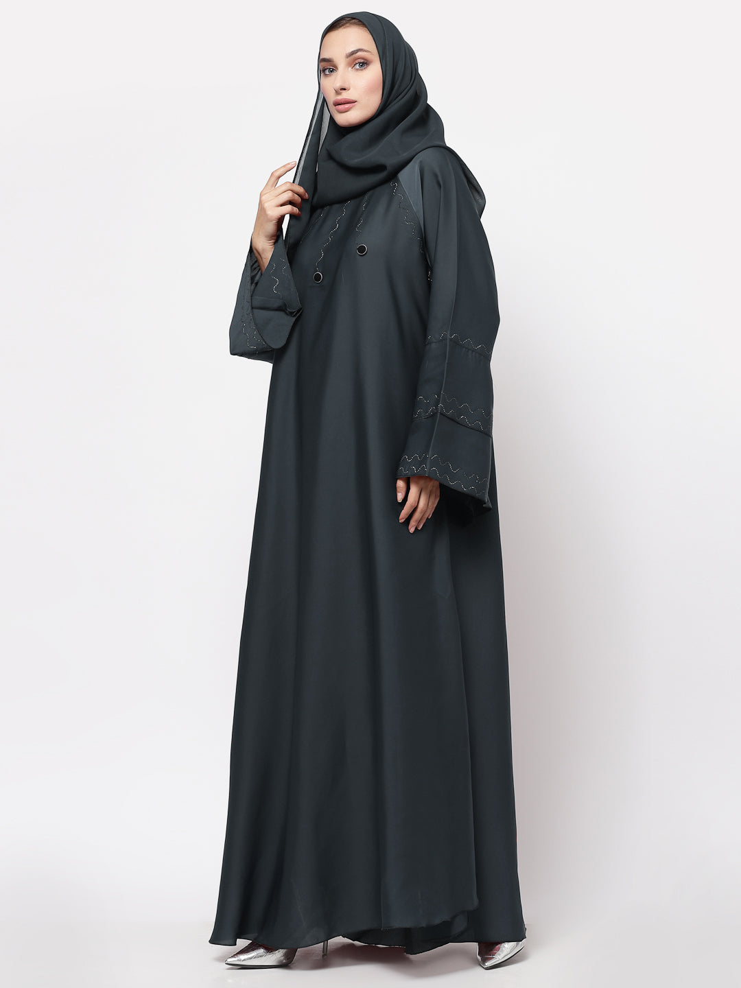 Klotthe Women Grey Embellished Burqa With Scarves