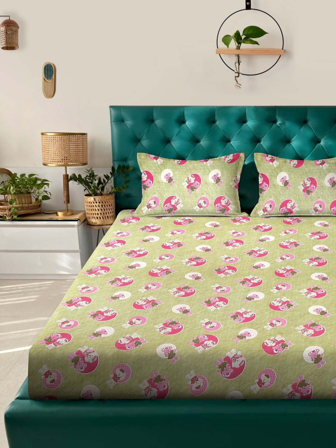 Green Cartoon Characters 400 TC Pure Cotton Fitted Double Bedsheet with 2 Pillow Covers