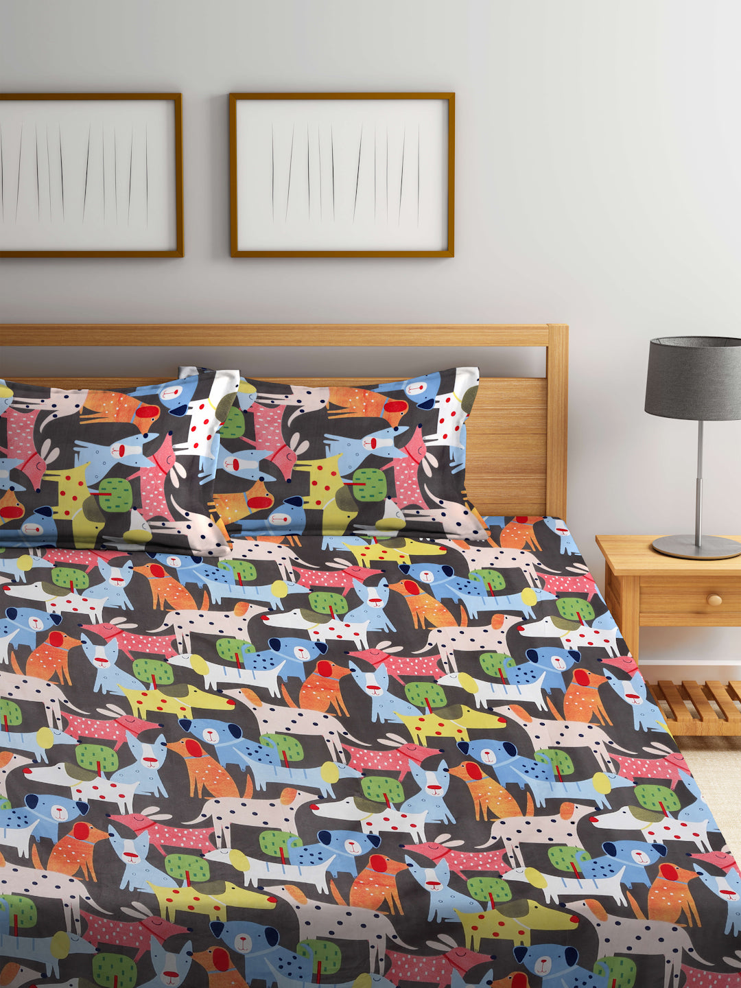 Klotthe Multicolor Cartoon Characters 300 TC Cotton Blend Fitted Double Bedsheet with 2 Pillow Covers