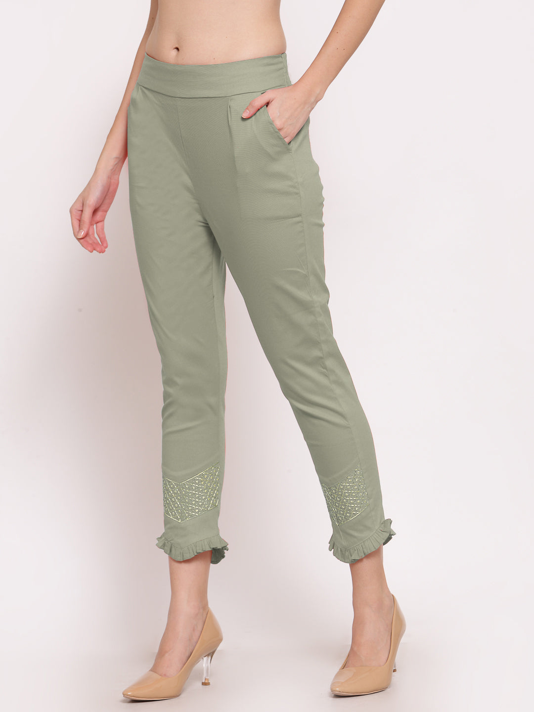 Klotthe Women Sage Green Solid Slim Fit Trouser