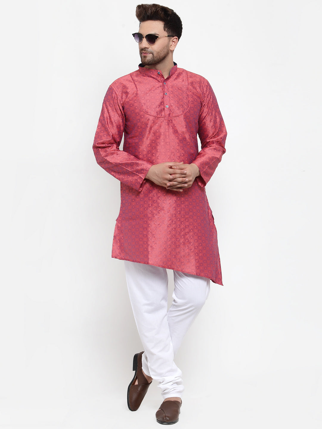 Magenta Silk Geometric Party Kurtas
