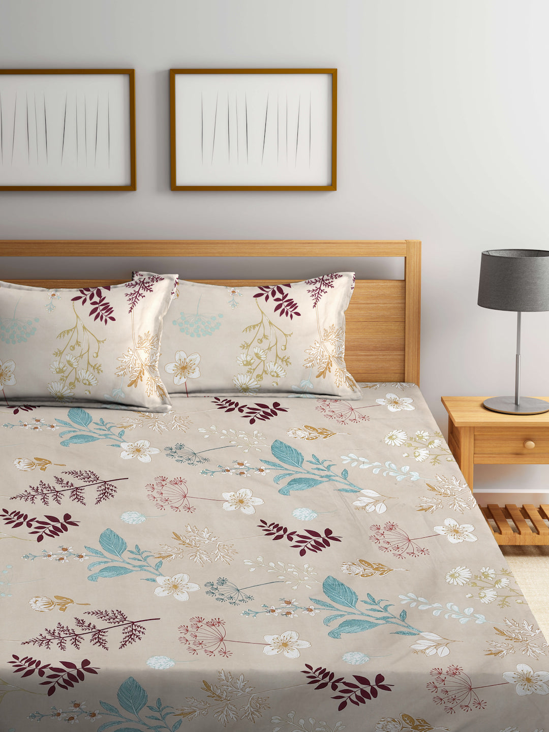 Klotthe Multicolor Floral 300 TC Cotton Blend Fitted Double Bedsheet with 2 Pillow Covers