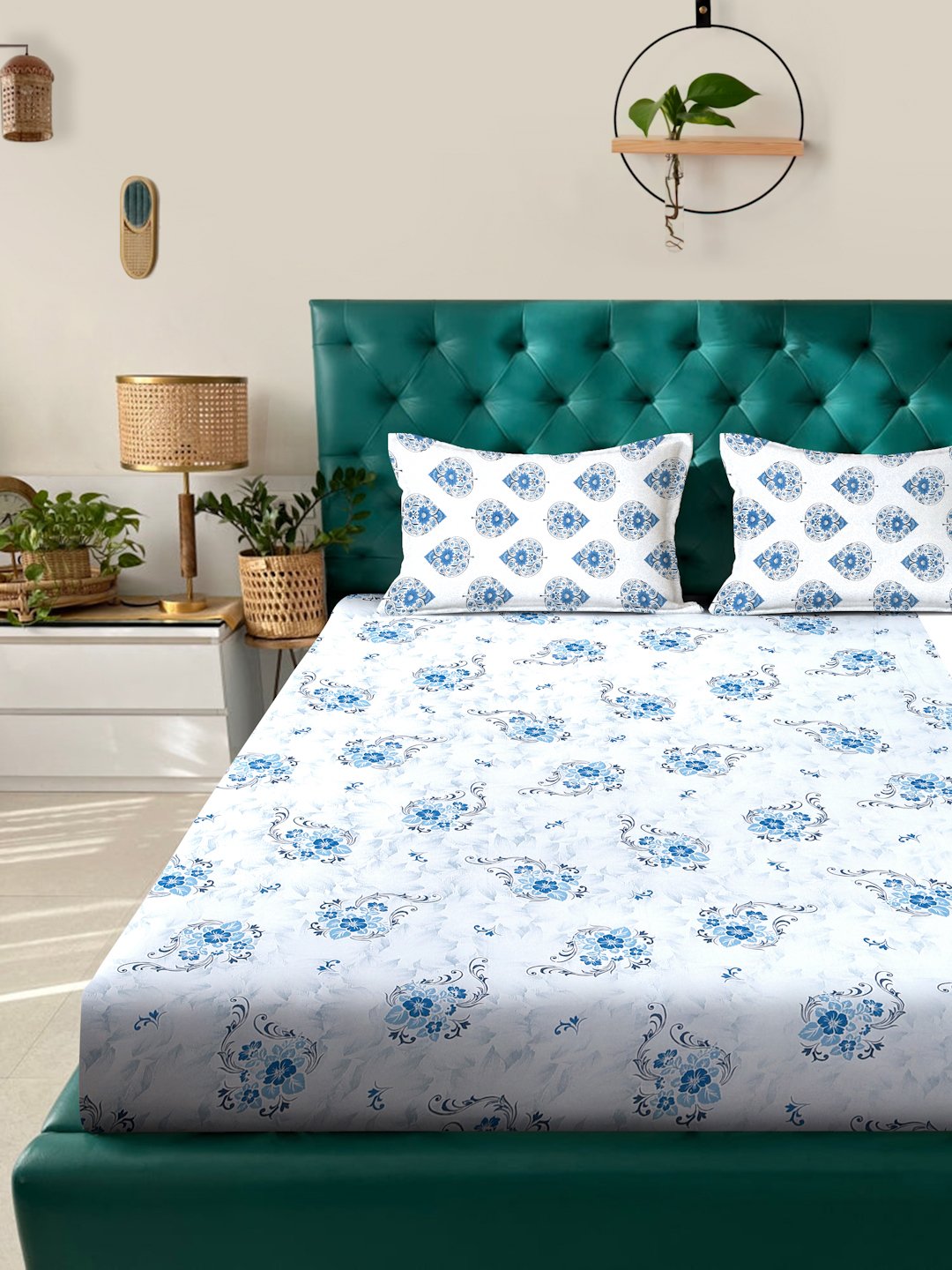 Blue Floral 400 TC Pure Cotton Fitted Double Bedsheet with 2 Pillow Covers
