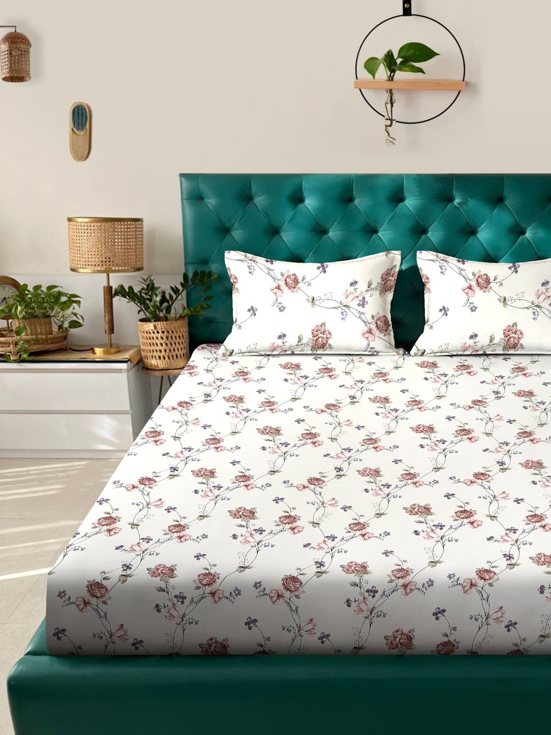 Beige Floral 300 TC Cotton Blend Fitted Double Bedsheet with 2 Pillow Covers