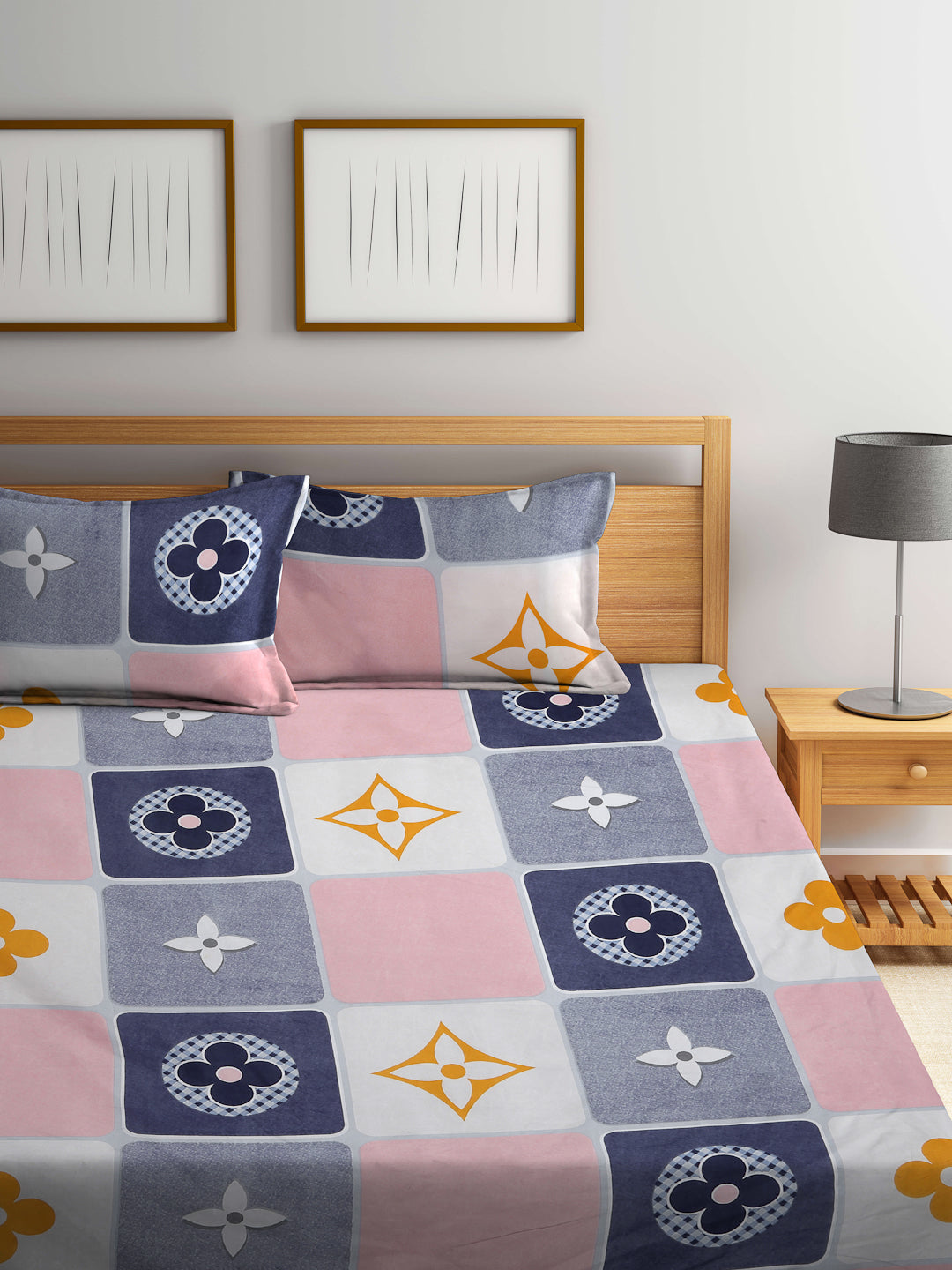 Klotthe Multi Geometric 300 TC Cotton Blend Elasticated Double Bedsheet with 2 Pillow Covers