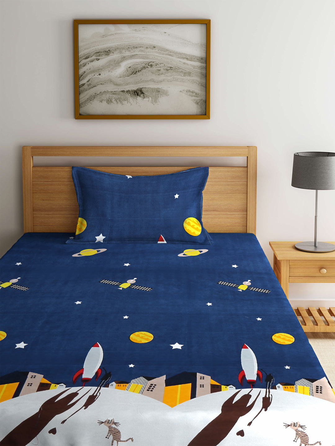 Klotthe Blue Kids Print Cotton Blend Single Bedsheet with Pillow cover
