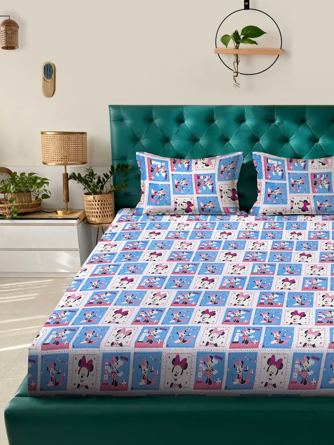 Blue Cartoon Characters 400 TC Pure Cotton Fitted Double Bedsheet with 2 Pillow Covers