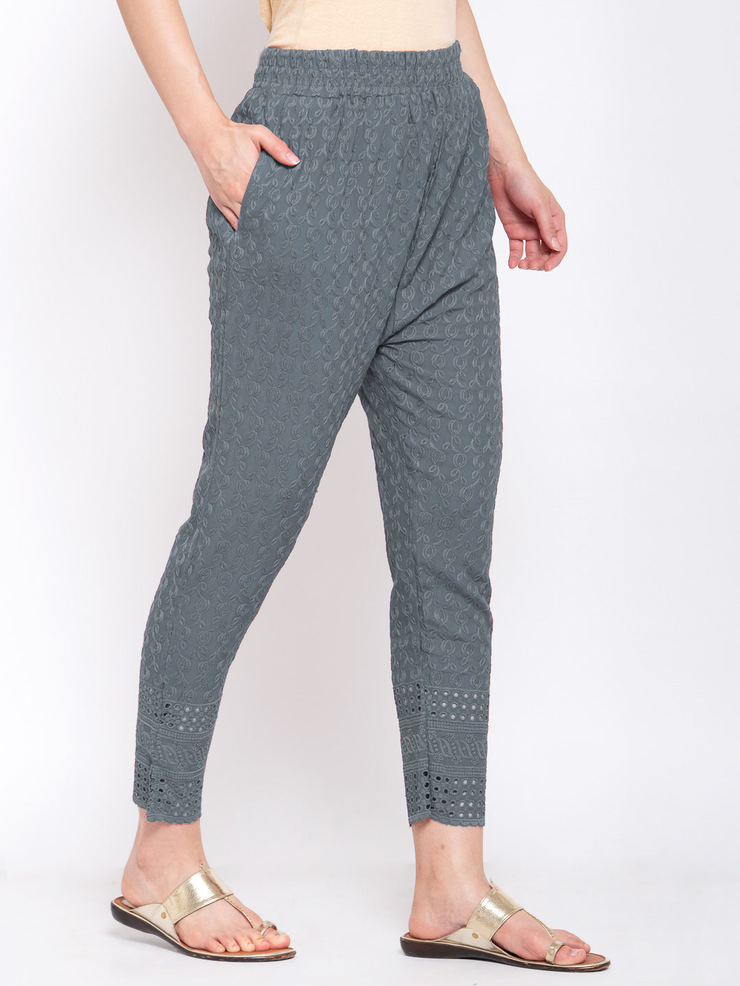 KLOTTHE Grey Cotton Embroidered Trouser