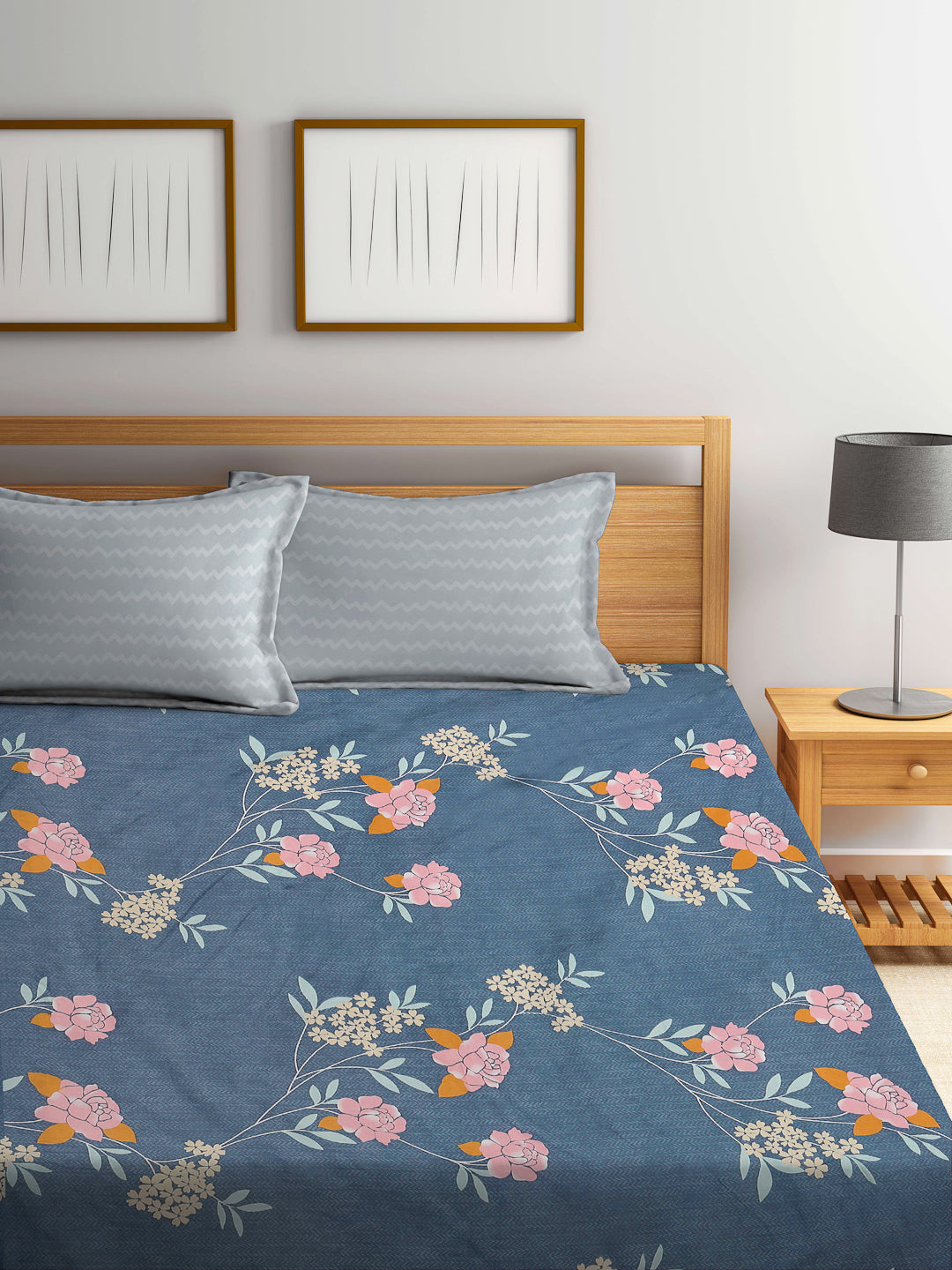 Klotthe Multicolor Floral 300 TC Cotton Blend Fitted Double Bedsheet with 2 Pillow Covers
