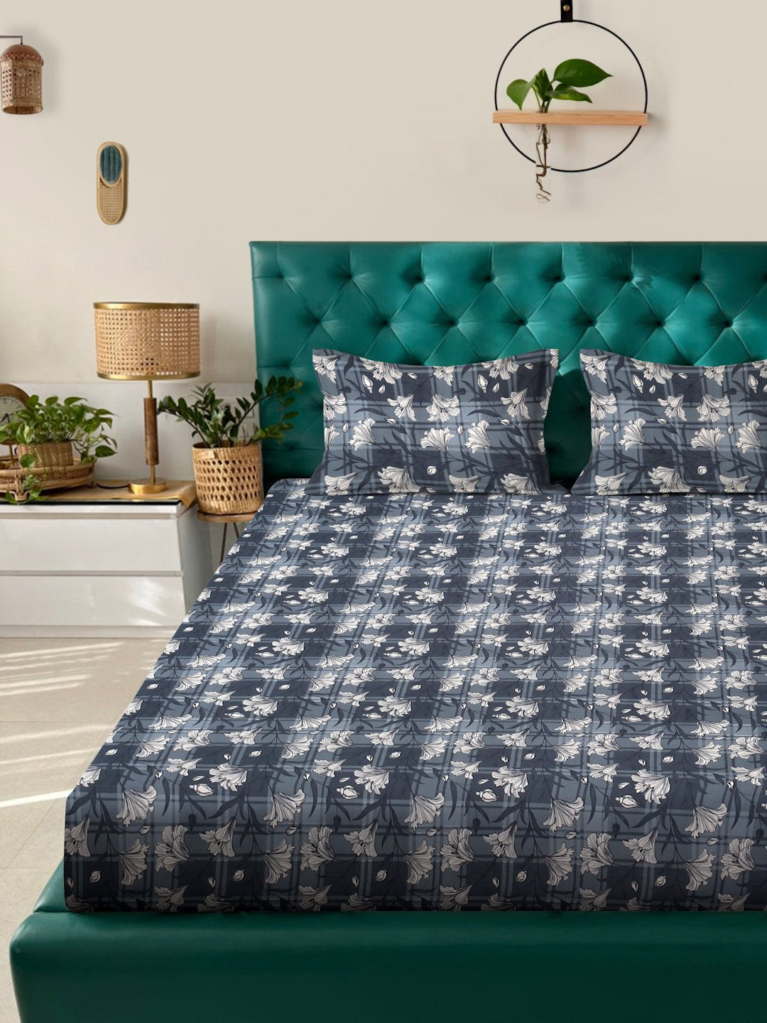 Grey Floral 300 TC Cotton Blend Fitted Double Bedsheet with 2 Pillow Covers