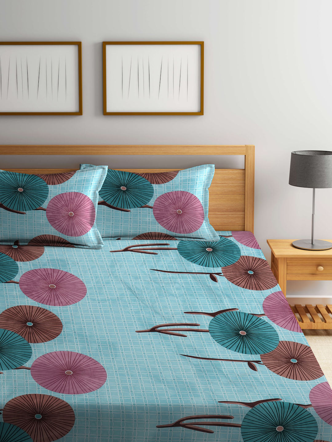 Klotthe Multi Floral 300 TC Cotton Blend Elasticated Double Bedsheet with 2 Pillow Covers