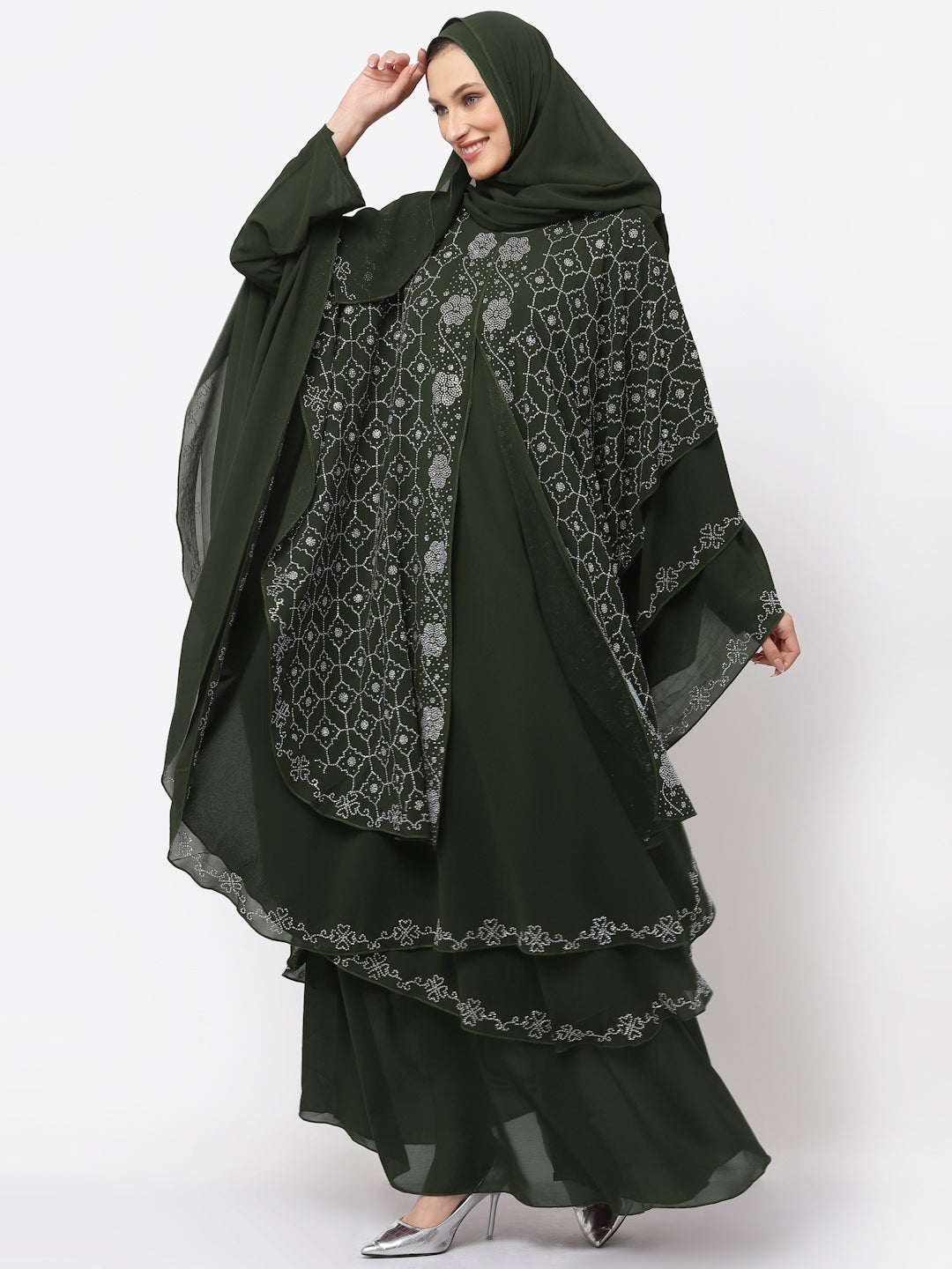 Klotthe Women Olive Embellished Burqa With Scarves