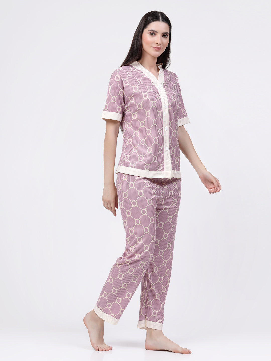 Klotthe Women Purple Geometric Satin Night Suit by KLOTTHE