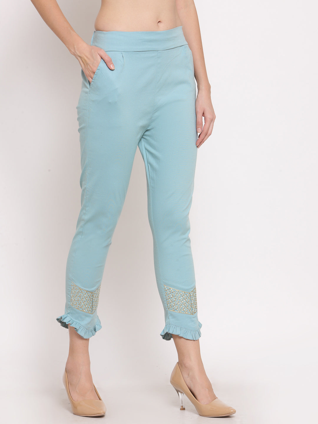 Klotthe Women Sky Blue Solid Slim Fit Trouser