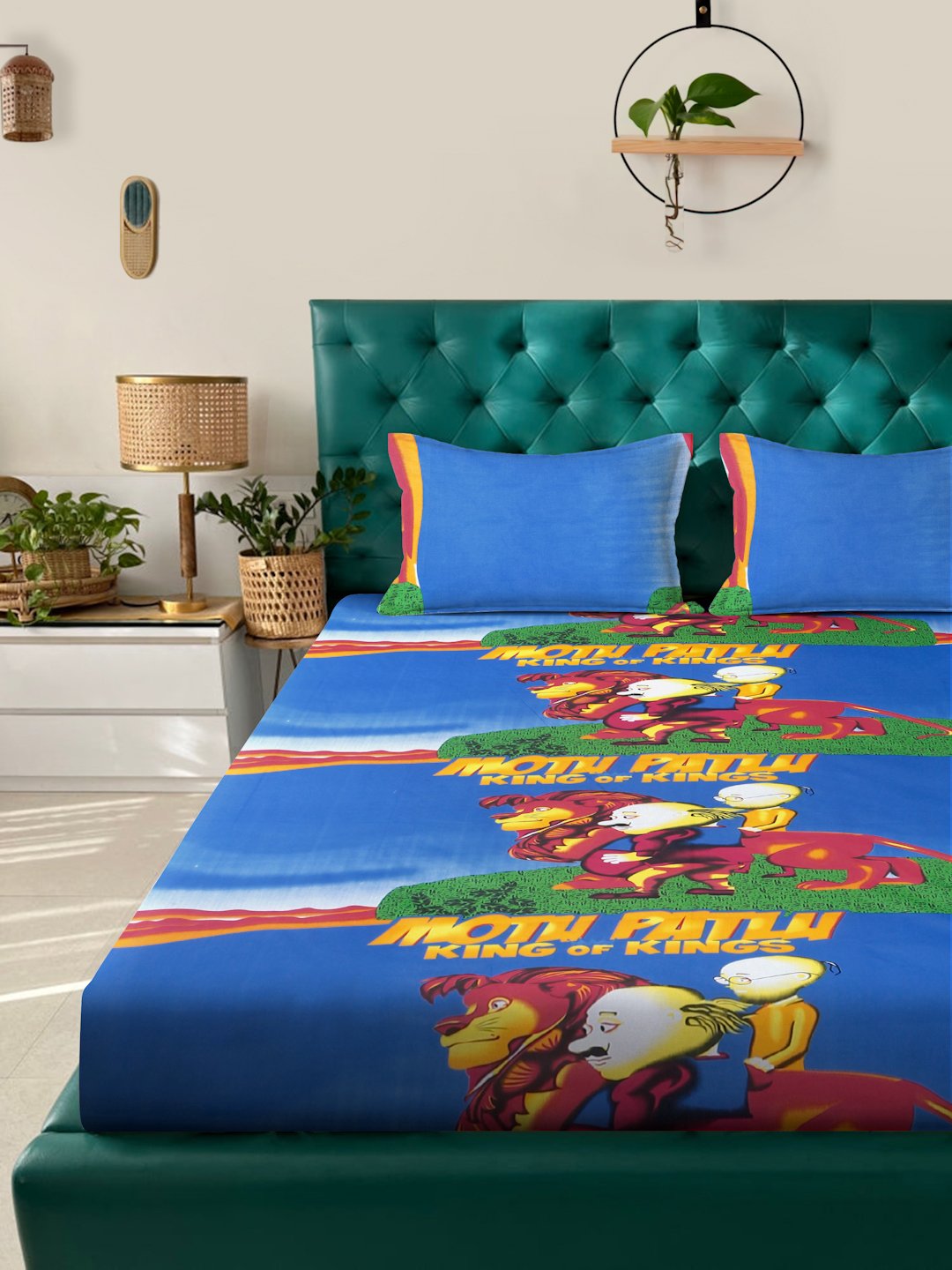 Blue Cartoon Characters 400 TC Pure Cotton Fitted Double Bedsheet with 2 Pillow Covers