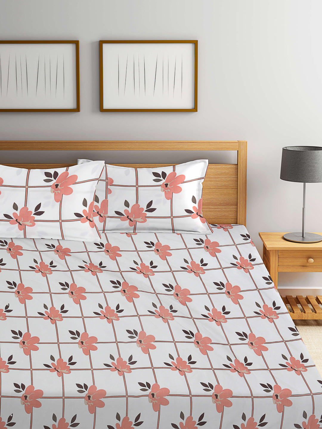 Klotthe Multicolor Floral 300 TC Cotton Blend Fitted Double Bedsheet with 2 Pillow Covers