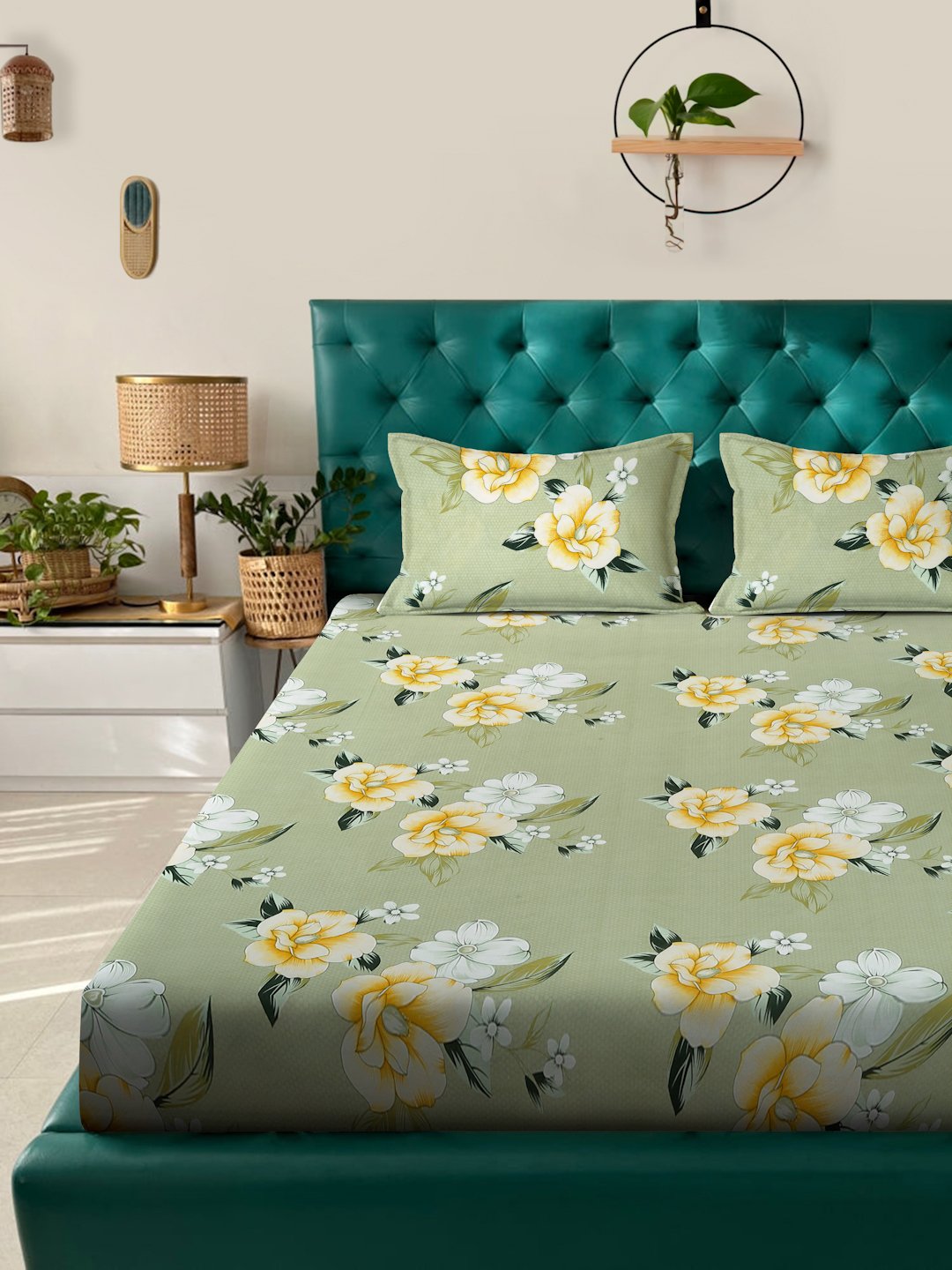 Green Floral 300 TC Cotton Blend Fitted Double Bedsheet with 2 Pillow Covers