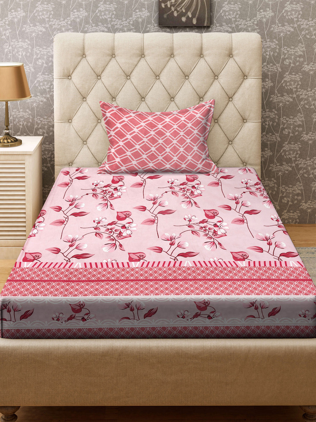 Klotthe Red Floral 300 TC Cotton Blend Fitted Single Bedsheet with Pillow Cover