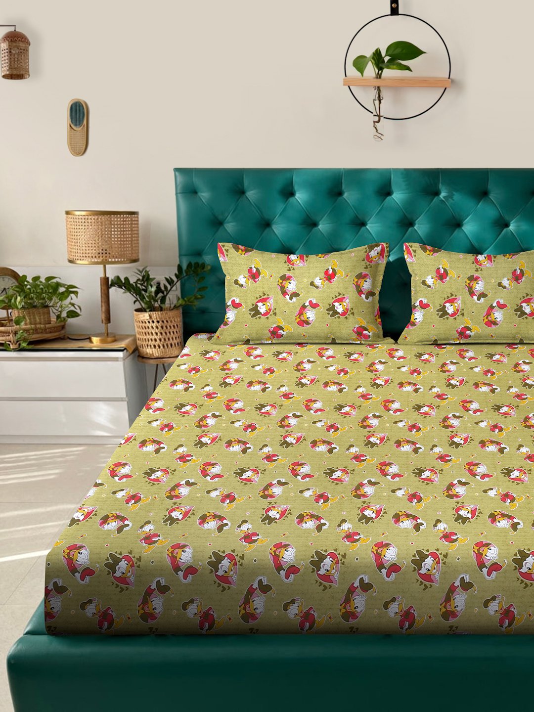 Green Cartoon Characters 400 TC Pure Cotton Fitted Double Bedsheet with 2 Pillow Covers