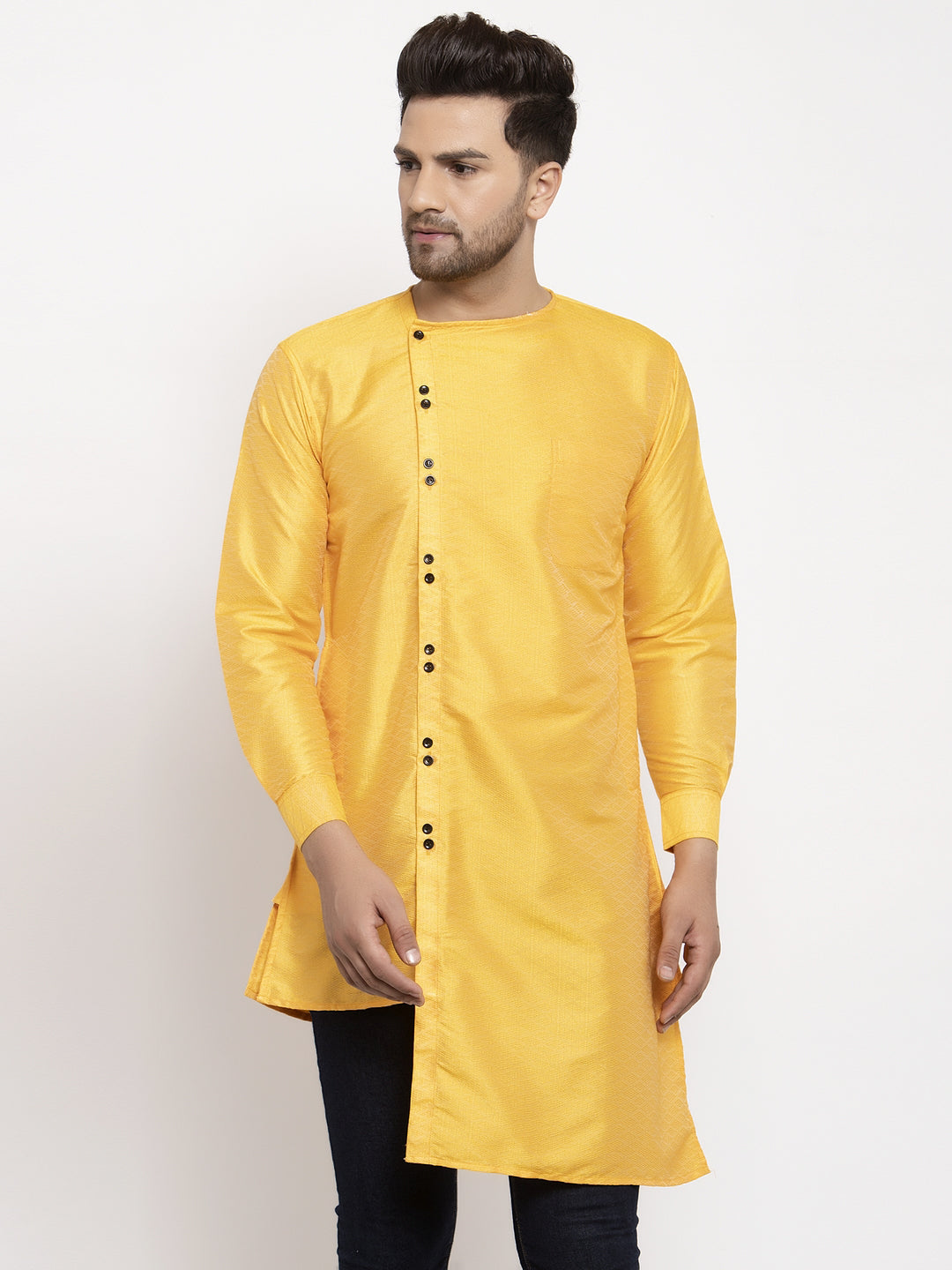 Klotthe Yellow Round Neck Embellished Cotton Silk Kurta