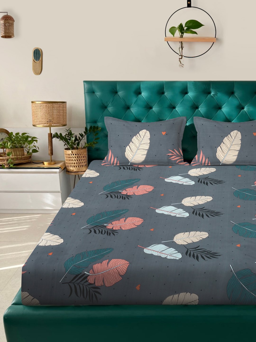 Grey Floral 300 TC Cotton Blend Fitted Double Bedsheet with 2 Pillow Covers