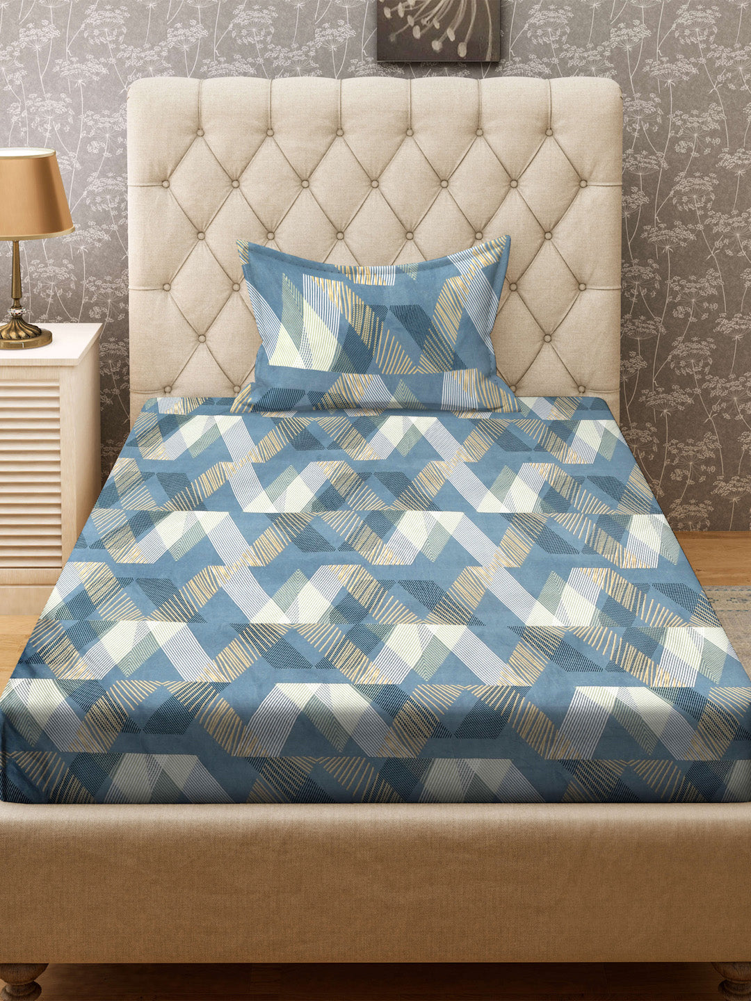 Klotthe Turquoise Abstract 300 TC Cotton Blend Single Bedsheet with Pillow Cover