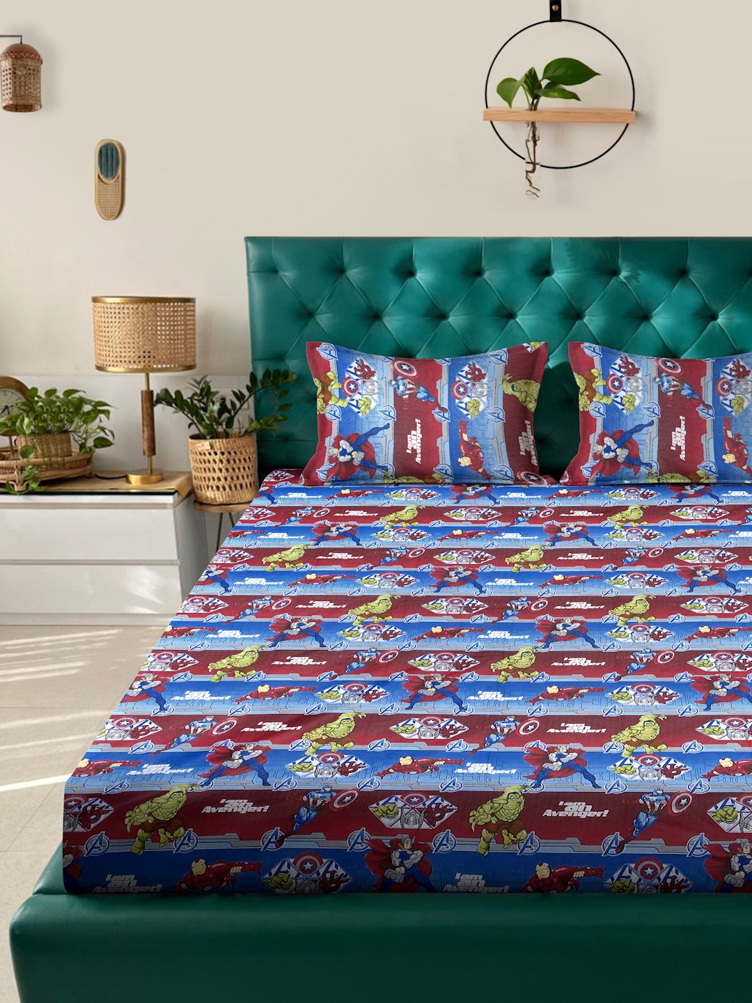 Blue Cartoon Characters 400 TC Pure Cotton Fitted Double Bedsheet with 2 Pillow Covers