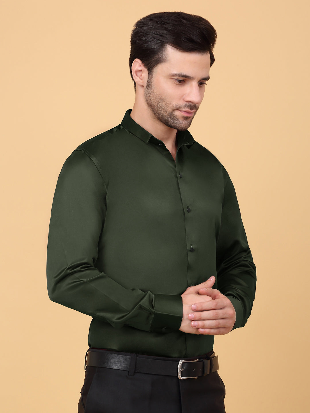 Klotthe Men Olive Solid Spread Collar Satin Formal Shirt