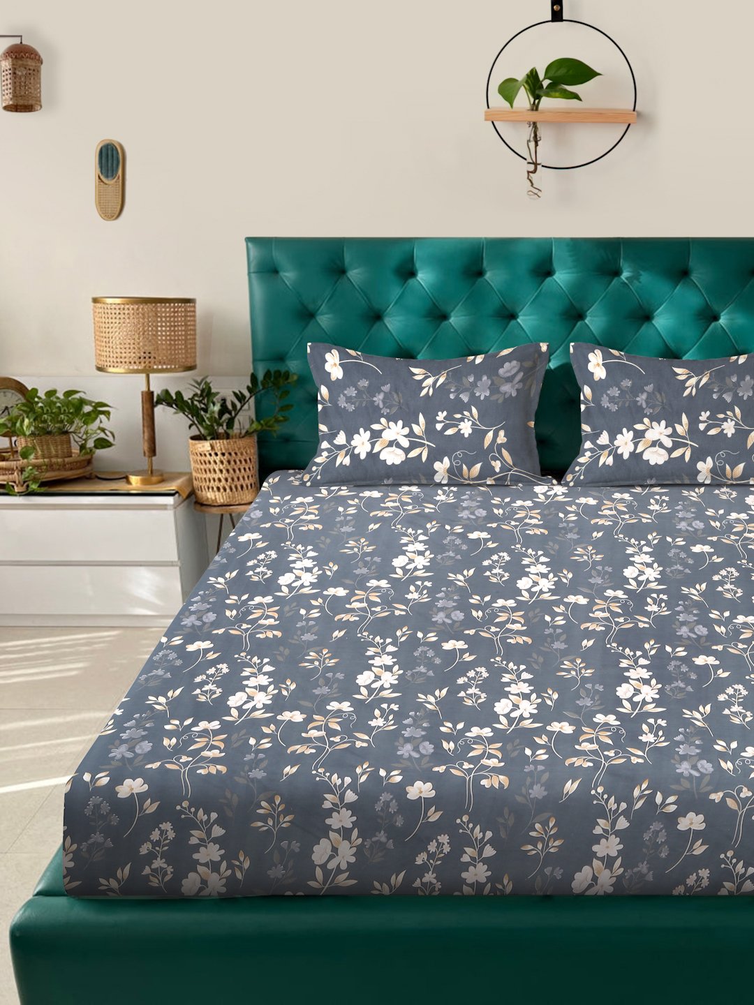 Grey Floral 300 TC Cotton Blend Fitted Double Bedsheet with 2 Pillow Covers