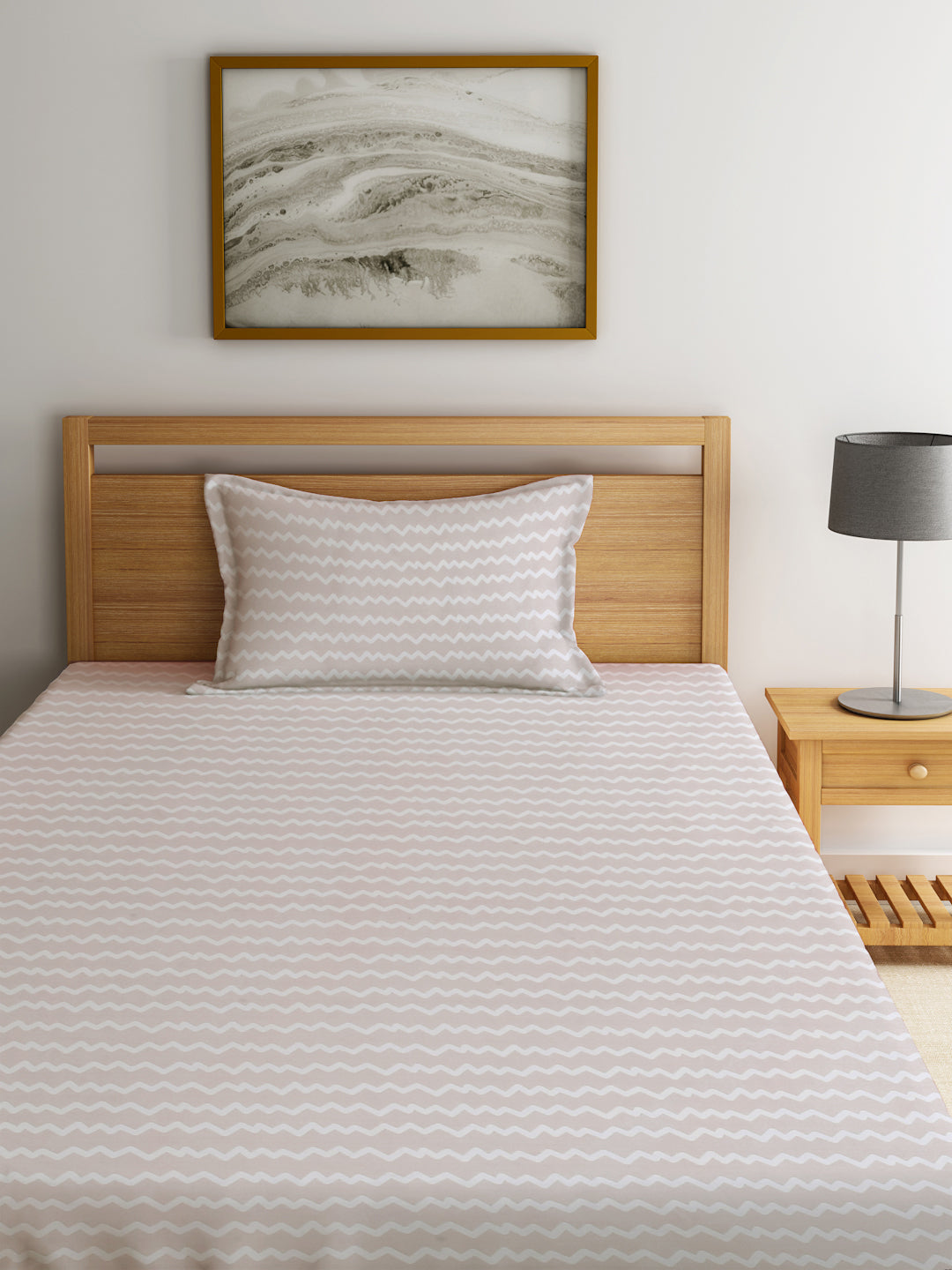 Klotthe Beige Abstract 300 TC Cotton Blend Single Bedsheet with Pillow Cover